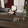 Minimalist Wooden Tea Table And Chairs With Tea Set Tray And Green Plant