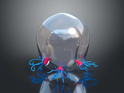 Jellyfish With Transparent Spherical Body Blue Tentacles And Red Tips On Dark Background 3d model