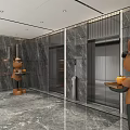 Modern Elevator Hallway With Marble Walls Double Doors Brown Sculptures And Ceiling Lights 3d model