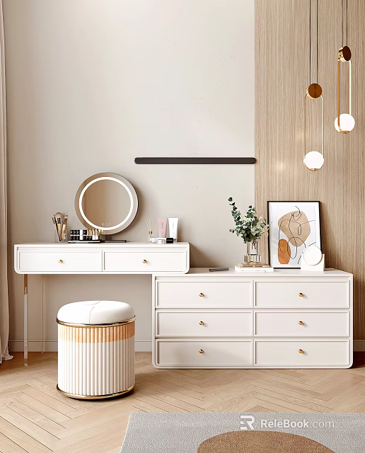 Elegant White Dressing Table With Round Mirror Stool Plant And Pendant Lights 3d model 