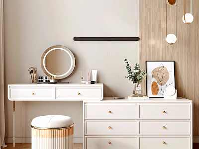 Elegant White Dressing Table With Round Mirror Stool Plant And Pendant Lights 3d model