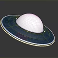 Disk Shaped UFO Like Object With Blue Base And Transparent Reflective Dome Against Dark Background