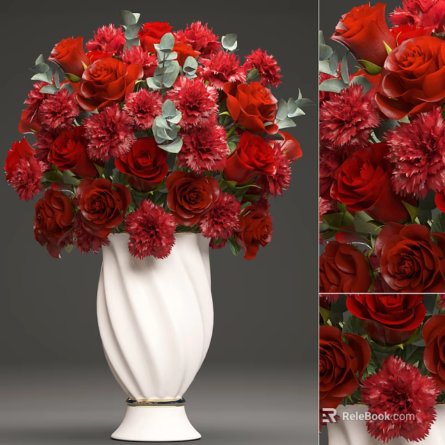 White Textured Vase With Red Roses Carnations And Fresh Green Leaves 3d model 