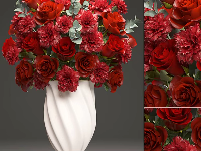 White Textured Vase With Red Roses Carnations And Fresh Green Leaves 3d model