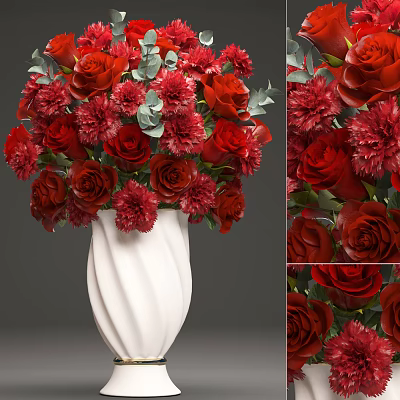 White Textured Vase With Red Roses Carnations And Fresh Green Leaves 3d model