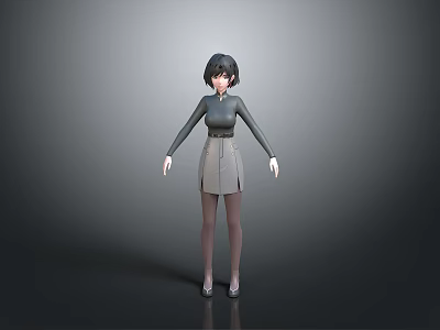 Woman With Black Short Hair High Neck Top Gray Skirt Long Stockings And High Heels 3d model