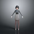 Woman With Black Short Hair High Neck Top Gray Skirt Long Stockings And High Heels