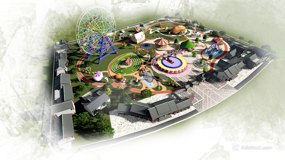 Amusement Park Layout Design With Ferris Wheel Carousel Round Rides Buildings And Green Areas 3d model 