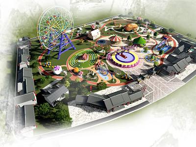 Amusement Park Layout Design With Ferris Wheel Carousel Round Rides Buildings And Green Areas 3d model