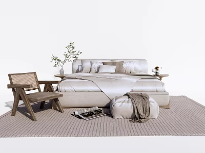 Modern Cozy Double Bed With Wooden Chair Green Plant Side Table Magazines Ottoman And Rug 3d model