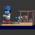 Colorful Stage Scene Construction With Blue Characters Red Platforms And Wooden Decorations
