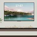 Wall Mounted Television Showing Mountain Lake Sunset Landscape With Shelf Plants Flame Decor And Books