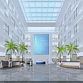 Spacious Hospital Lobby Interior With Glass Skylight Palm Trees And Reception Desks