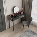 Elegant Black Dressing Table With Round Mirror Cosmetics Gray Chair And City View Window