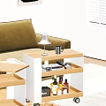 Wooden Side Table With Table Lamp Mug Books And Wine Bottles By Green Sofa