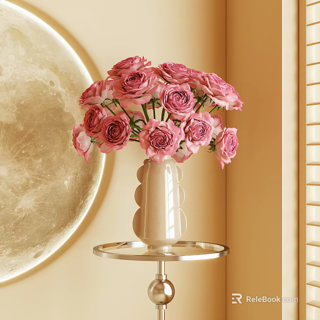 Pink Roses Arrangement in Textured White Vase on Metal Stand with Round Moon Decoration 3d model 