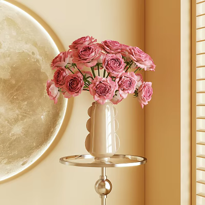 Pink Roses Arrangement in Textured White Vase on Metal Stand with Round Moon Decoration 3d model