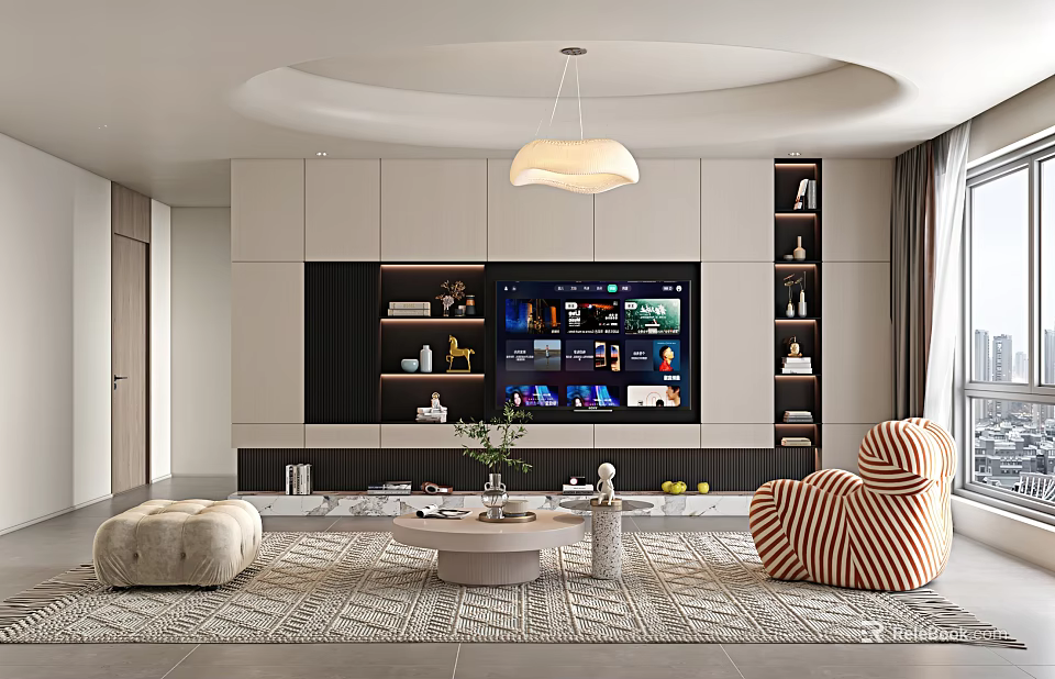 Modern Living And Dining Room Interior With Striped Armchair Round Coffee Table And Pendant Light 3d model 
