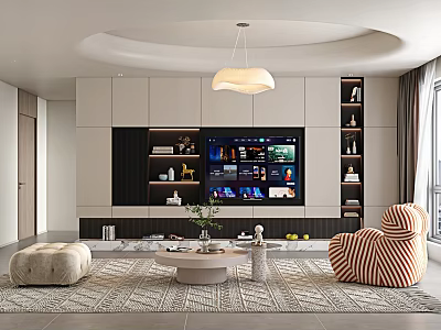 Modern Living And Dining Room Interior With Striped Armchair Round Coffee Table And Pendant Light 3d model