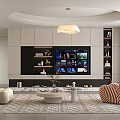 Modern Living And Dining Room Interior With Striped Armchair Round Coffee Table And Pendant Light