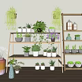 Multi Tiered Wooden Plant Stand Decorated With Various Potted Plants And Hanging Greenery