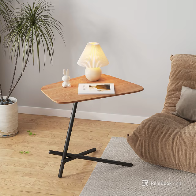 Triangular Wooden Side Table With Black Metal Frame And Table Lamp Rabbit Figurine Magazine Near Sofa Plant 3d model 