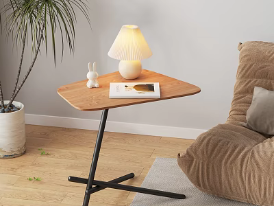 Triangular Wooden Side Table With Black Metal Frame And Table Lamp Rabbit Figurine Magazine Near Sofa Plant 3d model