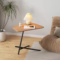 Triangular Wooden Side Table With Black Metal Frame And Table Lamp Rabbit Figurine Magazine Near Sofa Plant
