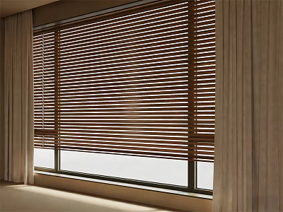Natural Light Filtering Through Brown Wooden Window Blinds In Modern Room 3d model