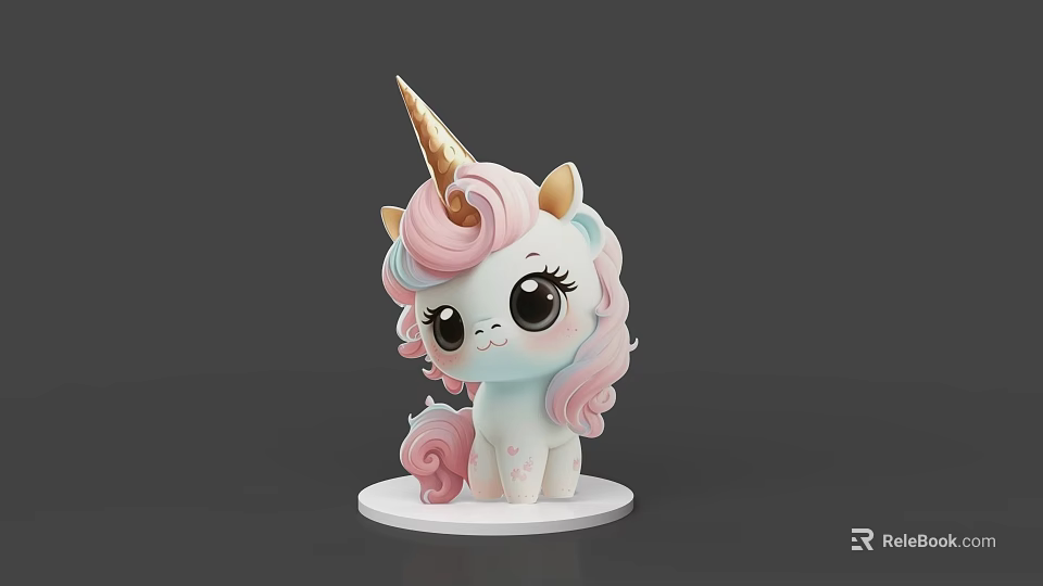Cute Unicorn Figure With Pink Mane Golden Horn And Big Eyes On White Base 3d model 