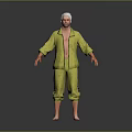 Man In Yellow Open Front Tracksuit With Striped Pants Barefoot On Grey Background