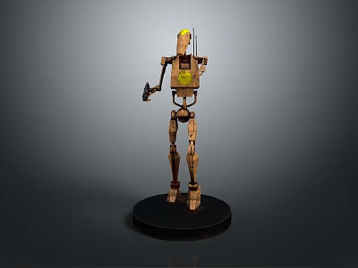 Brown Lego Style Robot Figure With Yellow Headlight Holding Blaster on Black Base Mechanical Design 3d model