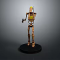Brown Lego Style Robot Figure With Yellow Headlight Holding Blaster on Black Base Mechanical Design