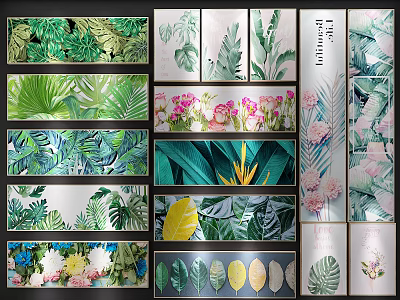 Colorful Botanical Paintings With Various Leaves Flowers And Wall Art Designs 3d model