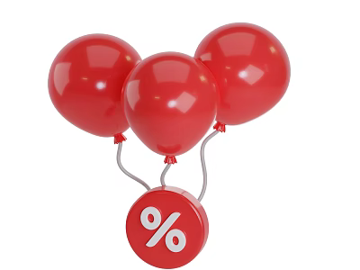 Decorative Ornament Set with Three Red Balloons and Hanging Percentage Sign 3d model