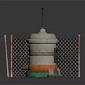 Industrial Cylindrical Structure With Chain Link Fence Checkerboard Floor Tiles Red Antenna And Black Panel
