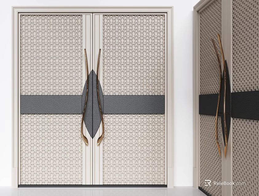 Elegant Modern Double Doors With Patterned Panels Black Stripe And Golden Handles 3d model 