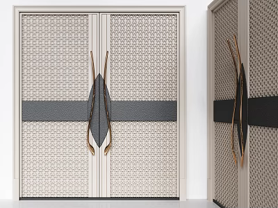Elegant Modern Double Doors With Patterned Panels Black Stripe And Golden Handles 3d model