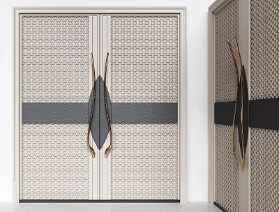 Elegant Modern Double Doors With Patterned Panels Black Stripe And Golden Handles 3d model