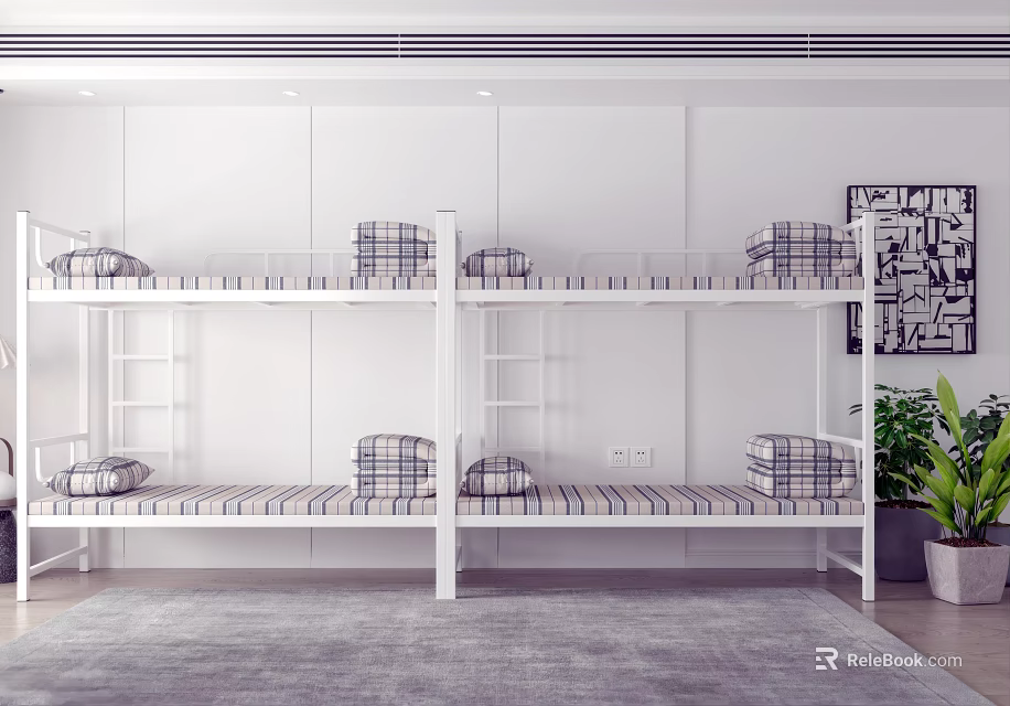 Modern Bunk Beds Interior Design With White Frame Plaid Mattress Green Plant And Gray Carpet 3d model 