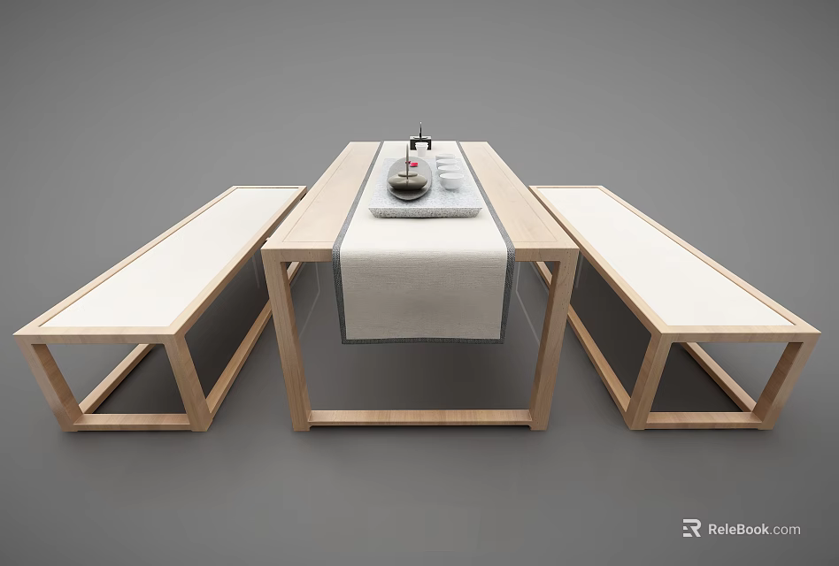 Modern Wooden Tea Table and Chairs with Bench and Tea Set on Tablecloth 3d model 