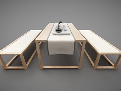 Modern Wooden Tea Table and Chairs with Bench and Tea Set on Tablecloth 3d model