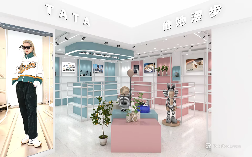 TATA Specialty Store Interior With Mannequin Display Shelves Pink And Blue Counters Decorative Plants 3d model 