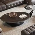 Modern Brown Leather Sectional Sofa With Round Wooden Coffee Table And Accent Chairs On Area Rug