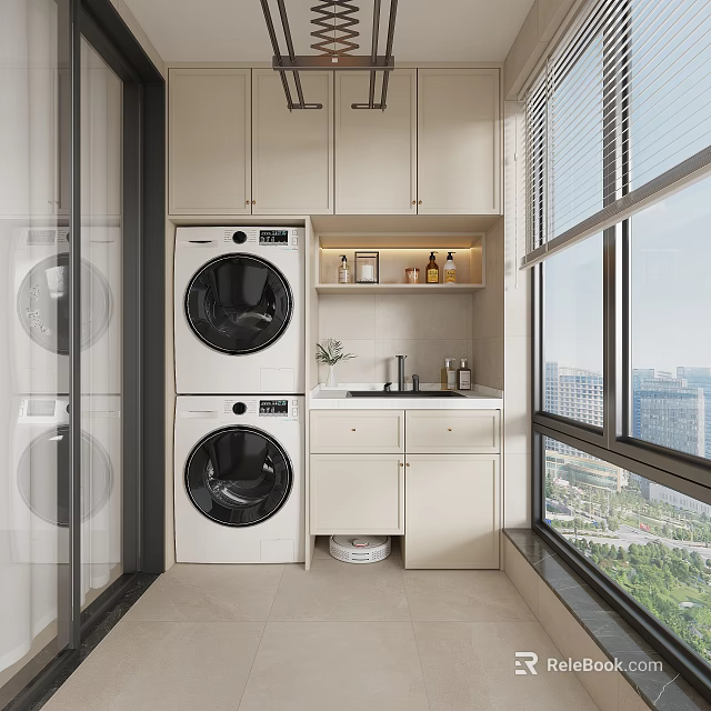 Practical Home Balcony With Washing Machine Dryer Storage Cabinets And City View Window 3d model 