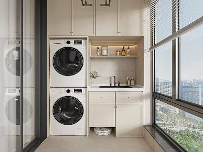 Practical Home Balcony With Washing Machine Dryer Storage Cabinets And City View Window 3d model