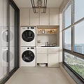 Practical Home Balcony With Washing Machine Dryer Storage Cabinets And City View Window