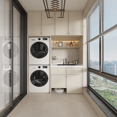 Practical Home Balcony With Washing Machine Dryer Storage Cabinets And City View Window 3d model