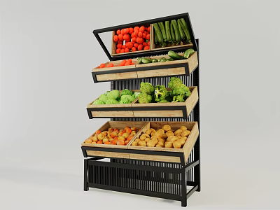 Multi Layer Grocery Display Shelf with Fresh Vegetables Tomatoes Cucumbers Broccoli and Potatoes 3d model