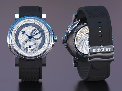 Breguet Watch Front And Back Views With Silver Dial Intricate Mechanical Details Black Rubber Strap 3d model